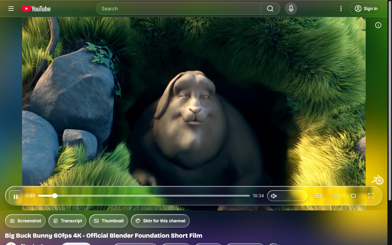 Liquid Glass YouTube skin, theater